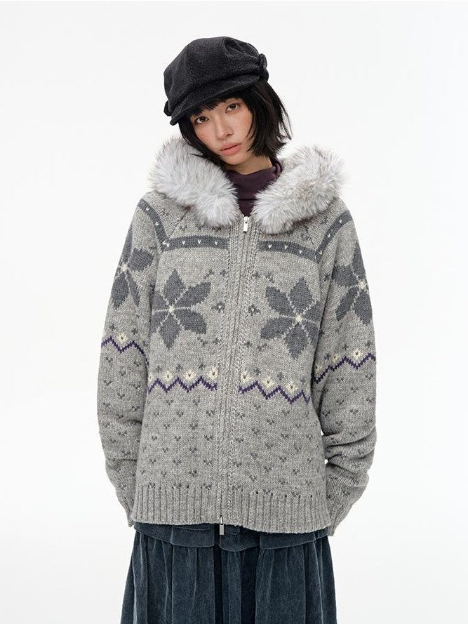 NAPSNAPS Fair Isle Hooded Faux Fur Trim Women&
