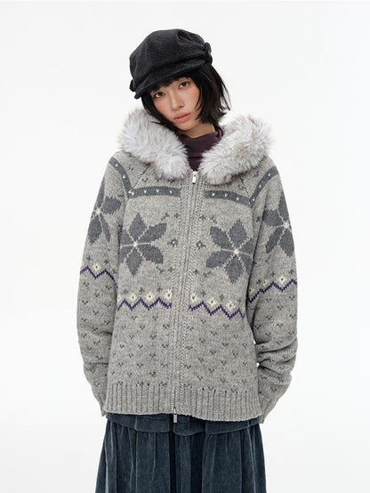 NAPSNAPS Fair Isle Hooded Faux Fur Trim Women&