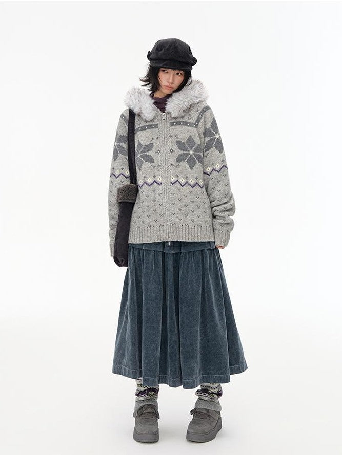 NAPSNAPS Fair Isle Hooded Faux Fur Trim Women&