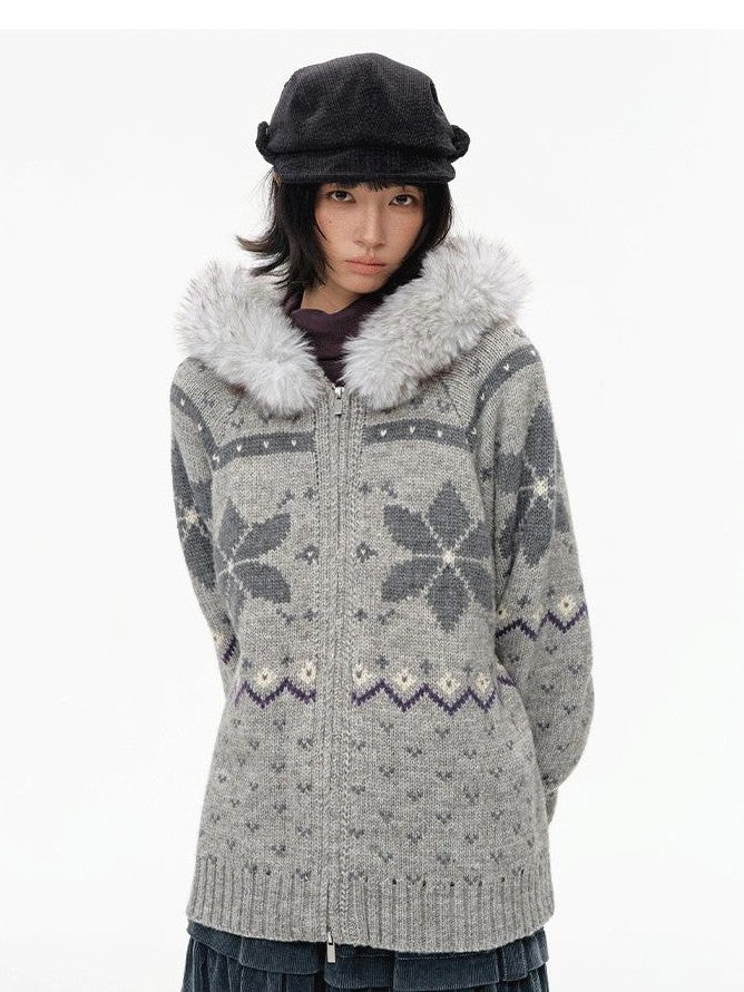 NAPSNAPS Fair Isle Hooded Faux Fur Trim Women&