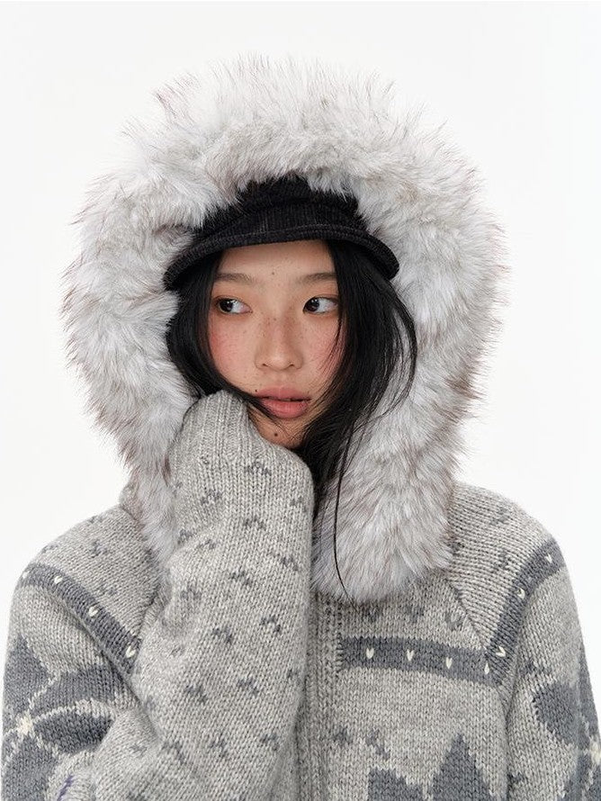 NAPSNAPS Fair Isle Hooded Faux Fur Trim Women&