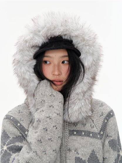 NAPSNAPS Fair Isle Hooded Faux Fur Trim Women&