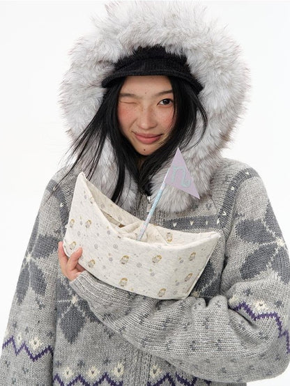 NAPSNAPS Fair Isle Hooded Faux Fur Trim Women&