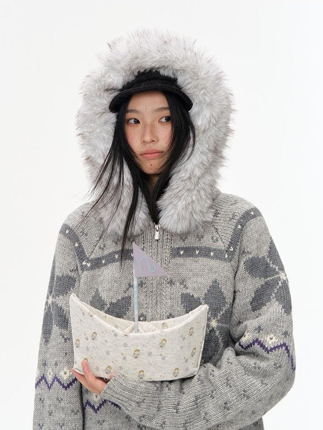 NAPSNAPS Fair Isle Hooded Faux Fur Trim Women&