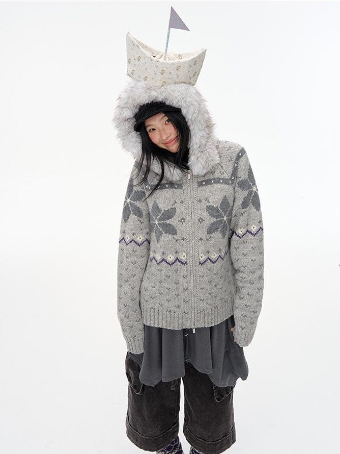 NAPSNAPS Fair Isle Hooded Faux Fur Trim Women&
