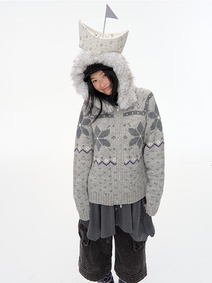 NAPSNAPS Fair Isle Hooded Faux Fur Trim Women&