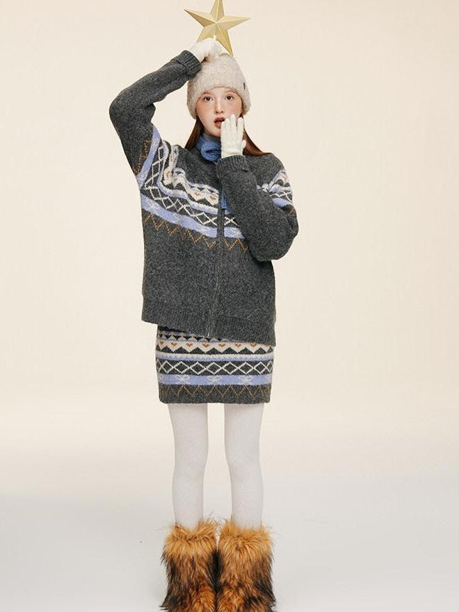 NAPSNAPS Fair Isle Jacquard Round Neck Zipper Knitted Women&