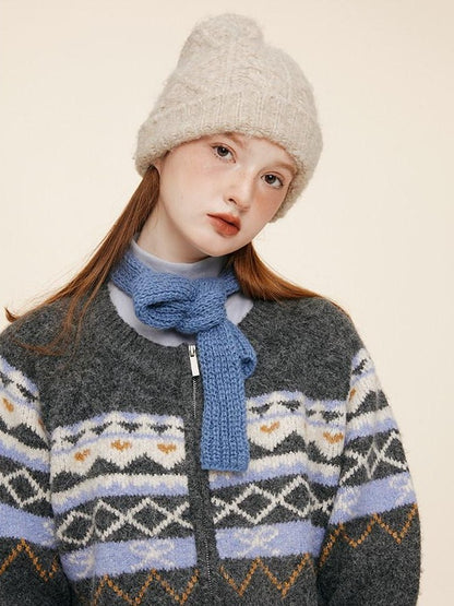 NAPSNAPS Fair Isle Jacquard Round Neck Zipper Knitted Women&