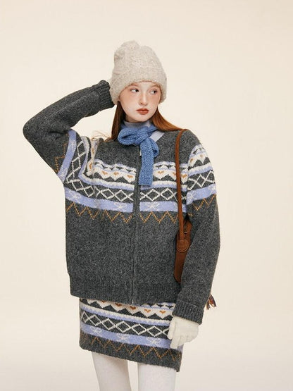 NAPSNAPS Fair Isle Jacquard Round Neck Zipper Knitted Women&
