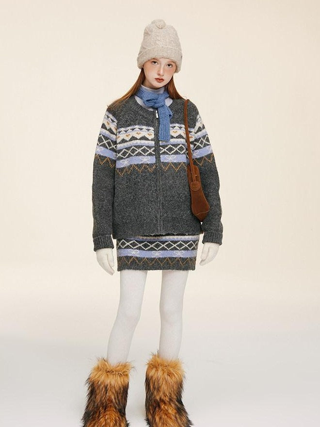 NAPSNAPS Fair Isle Jacquard Round Neck Zipper Knitted Women&