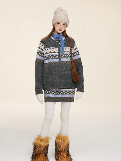 NAPSNAPS Fair Isle Jacquard Round Neck Zipper Knitted Women&