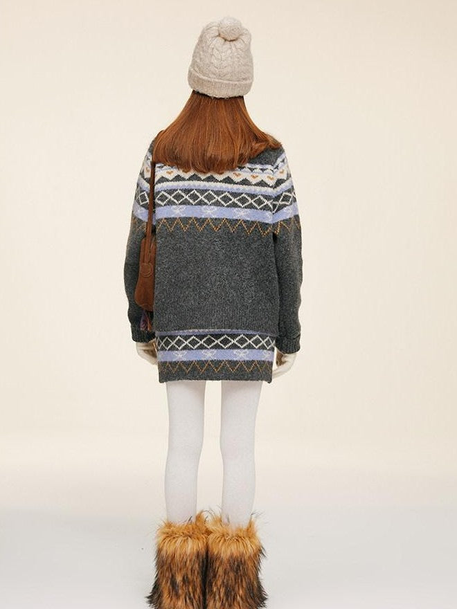 NAPSNAPS Fair Isle Jacquard Round Neck Zipper Knitted Women&