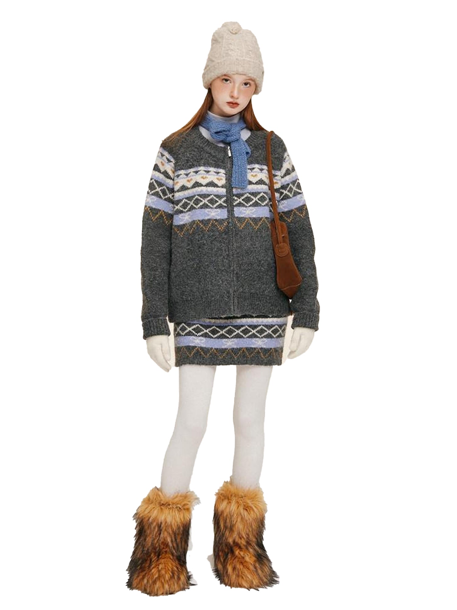 NAPSNAPS Fair Isle Jacquard Round Neck Zipper Knitted Women&