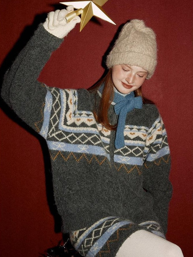 NAPSNAPS Fair Isle Jacquard Round Neck Zipper Knitted Women&