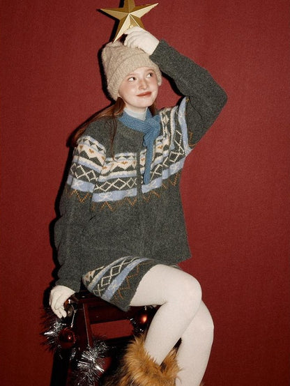 NAPSNAPS Fair Isle Jacquard Round Neck Zipper Knitted Women&