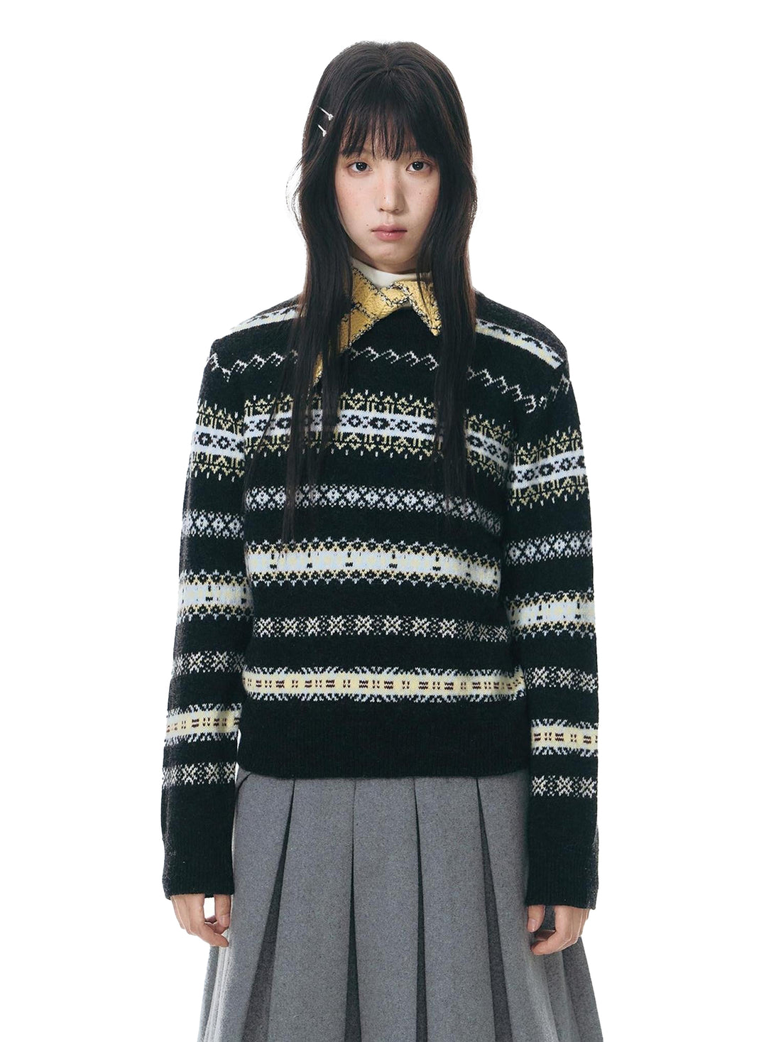 NAPSNAPS Fair Isle Jacquard Striped Round Neck Fitted Women&