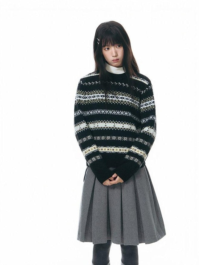 NAPSNAPS Fair Isle Jacquard Striped Round Neck Fitted Women&