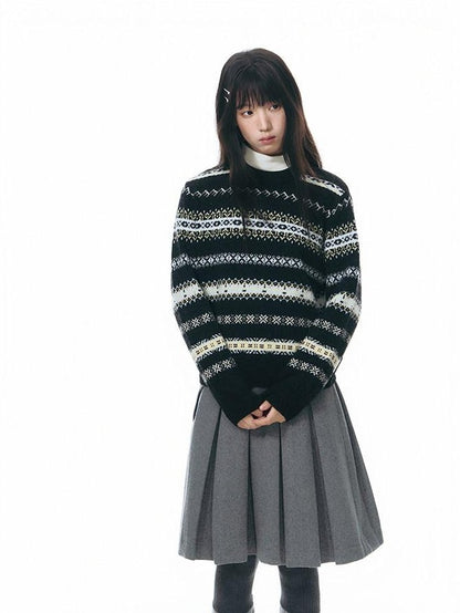 NAPSNAPS Fair Isle Jacquard Striped Round Neck Fitted Women&