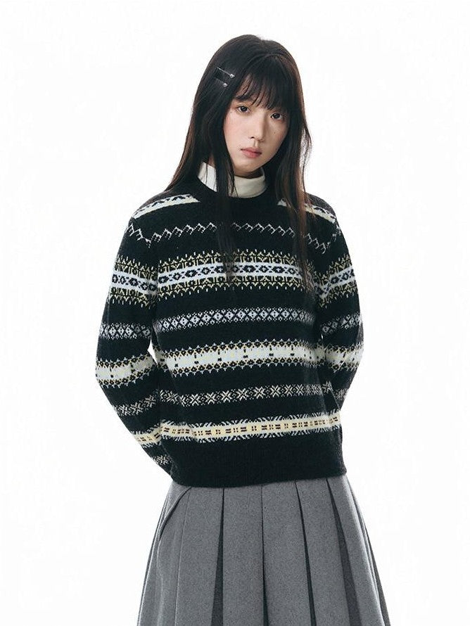 NAPSNAPS Fair Isle Jacquard Striped Round Neck Fitted Women&