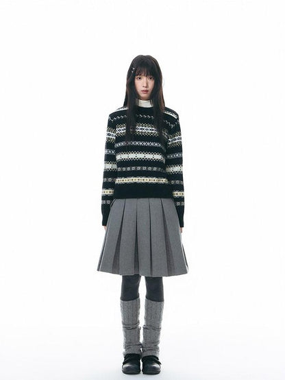 NAPSNAPS Fair Isle Jacquard Striped Round Neck Fitted Women&