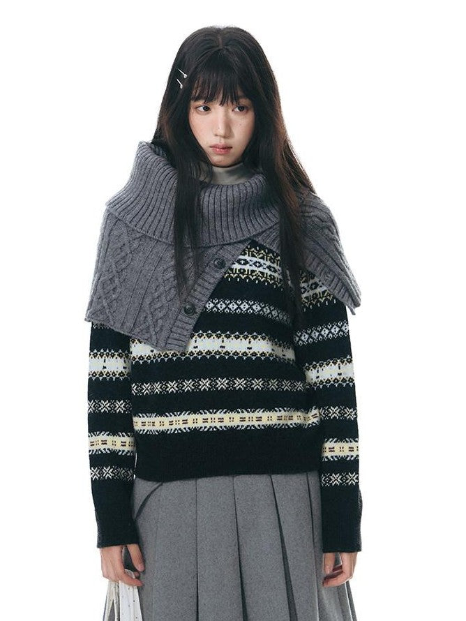 NAPSNAPS Fair Isle Jacquard Striped Round Neck Fitted Women&