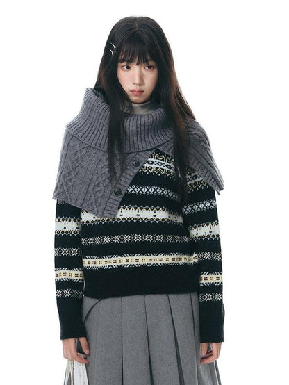 NAPSNAPS Fair Isle Jacquard Striped Round Neck Fitted Women&