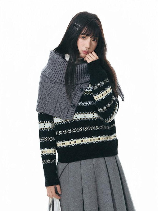 NAPSNAPS Fair Isle Jacquard Striped Round Neck Fitted Women&