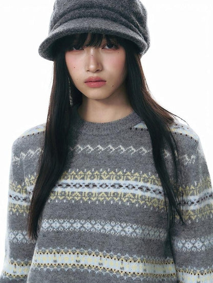 NAPSNAPS Fair Isle Jacquard Striped Round Neck Fitted Women&