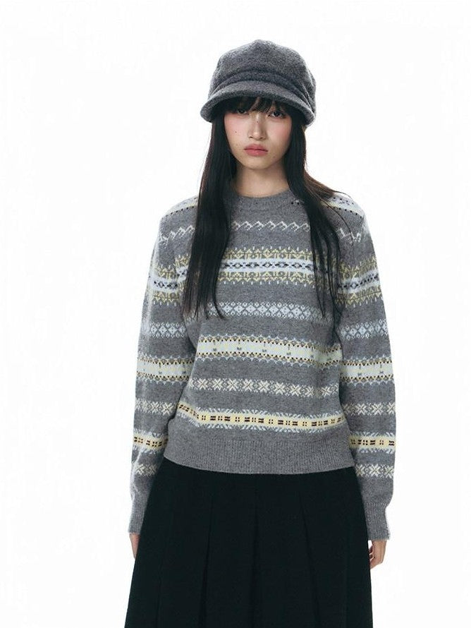 NAPSNAPS Fair Isle Jacquard Striped Round Neck Fitted Women&