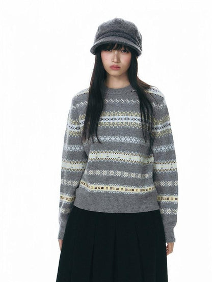 NAPSNAPS Fair Isle Jacquard Striped Round Neck Fitted Women&