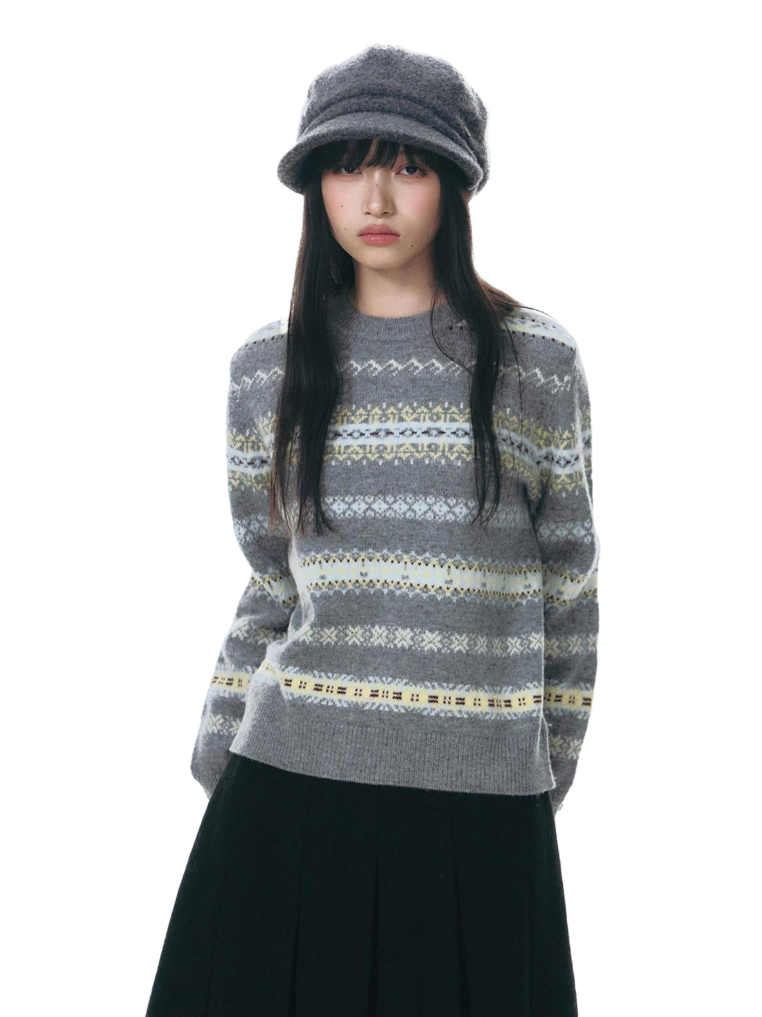 NAPSNAPS Fair Isle Jacquard Striped Round Neck Fitted Women&