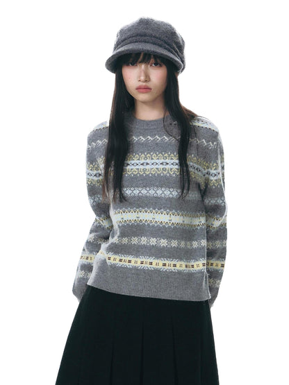 NAPSNAPS Fair Isle Jacquard Striped Round Neck Fitted Women&