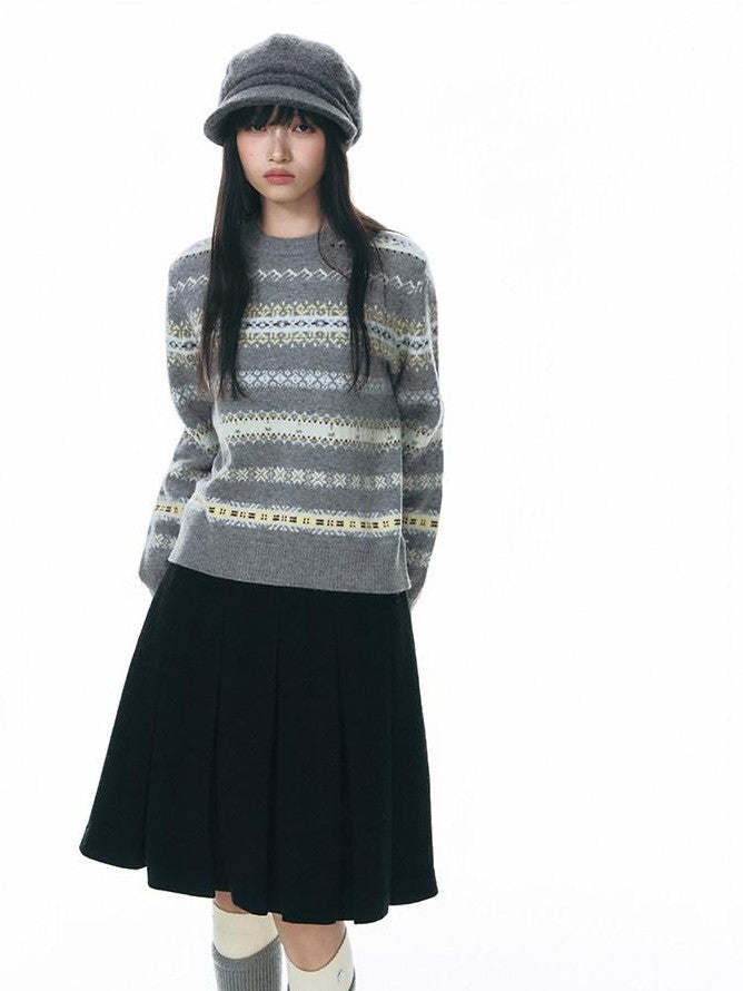 NAPSNAPS Fair Isle Jacquard Striped Round Neck Fitted Women&