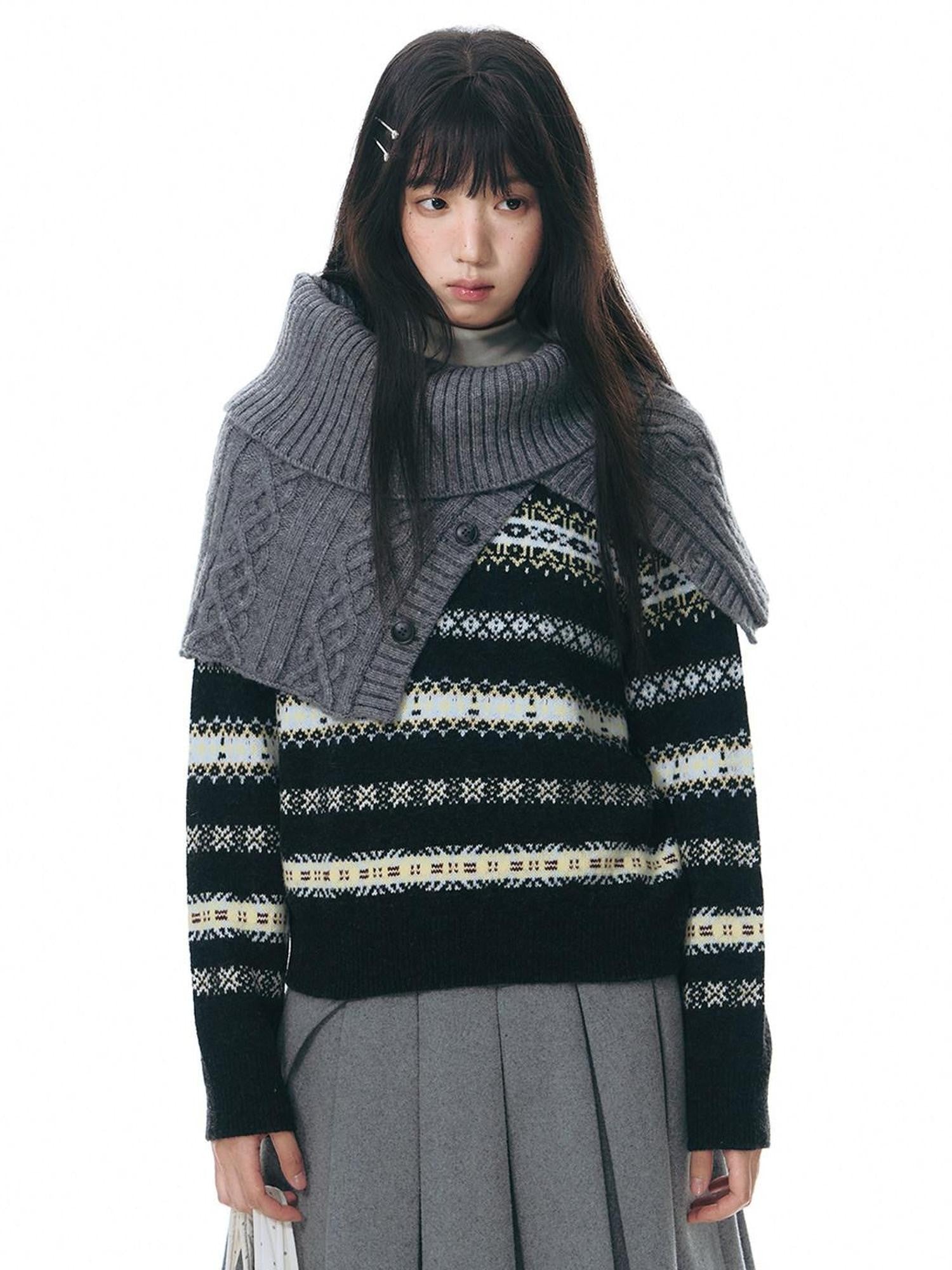 NAPSNAPS Fair Isle Jacquard Striped Round Neck Fitted Women&