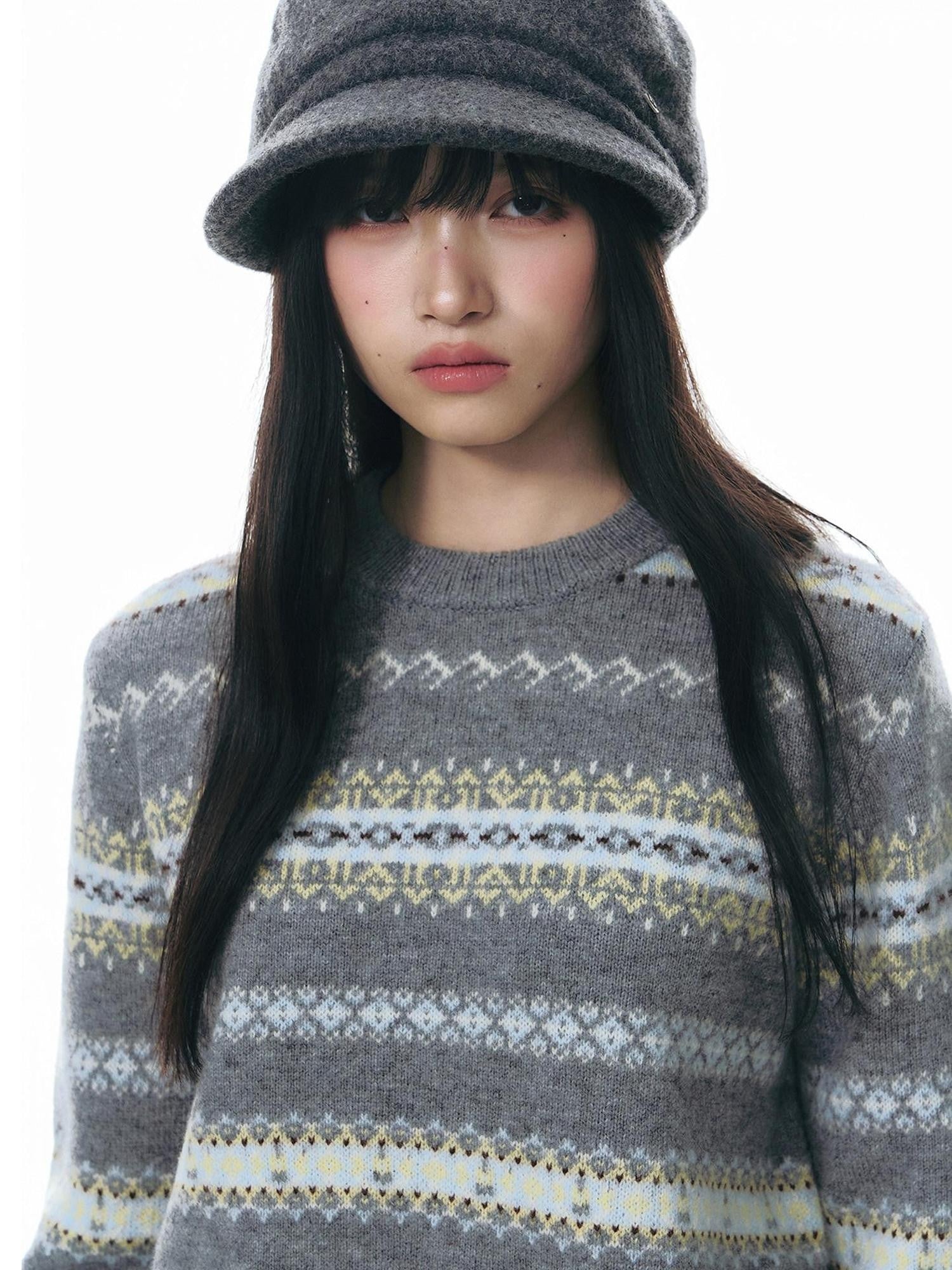 NAPSNAPS Fair Isle Jacquard Striped Round Neck Fitted Women&