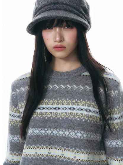 NAPSNAPS Fair Isle Jacquard Striped Round Neck Fitted Women&