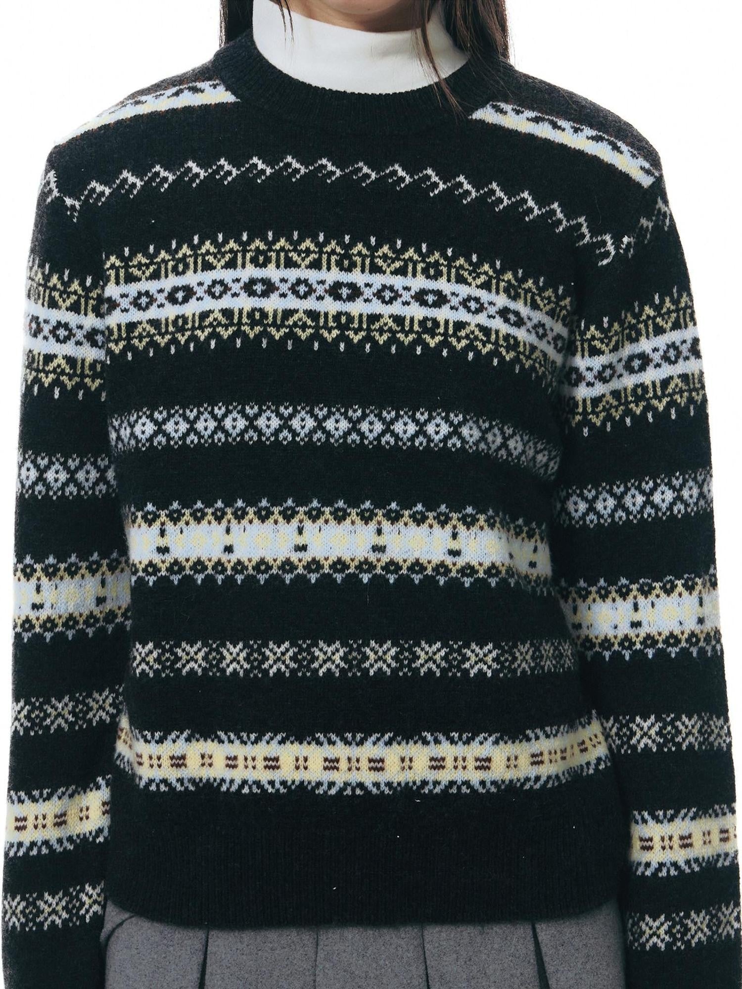 NAPSNAPS Fair Isle Jacquard Striped Round Neck Fitted Women&