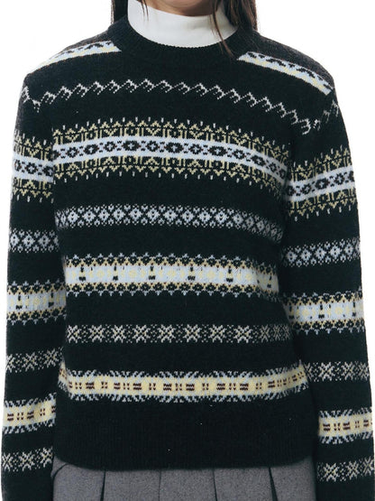 NAPSNAPS Fair Isle Jacquard Striped Round Neck Fitted Women&