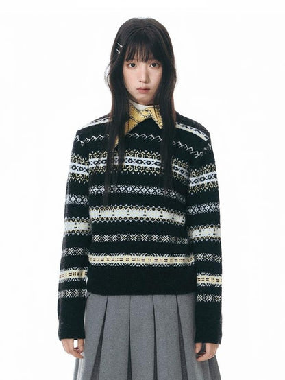 NAPSNAPS Fair Isle Jacquard Striped Round Neck Fitted Women&