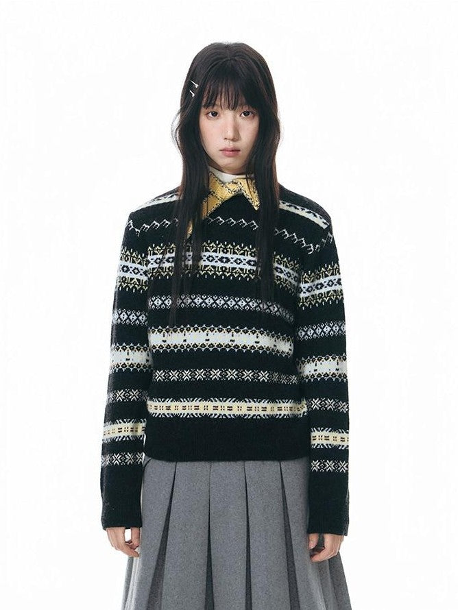 NAPSNAPS Fair Isle Jacquard Striped Round Neck Fitted Women&