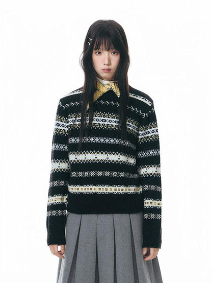 NAPSNAPS Fair Isle Jacquard Striped Round Neck Fitted Women&