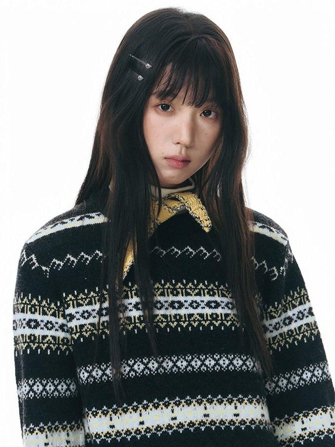 NAPSNAPS Fair Isle Jacquard Striped Round Neck Fitted Women&