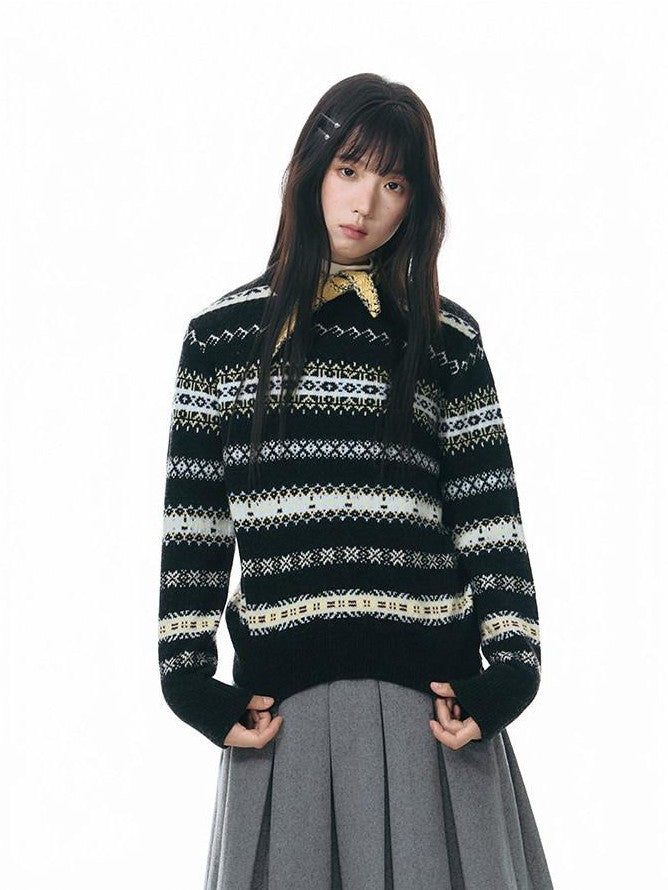 NAPSNAPS Fair Isle Jacquard Striped Round Neck Fitted Women&