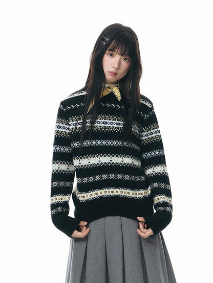 NAPSNAPS Fair Isle Jacquard Striped Round Neck Fitted Women&