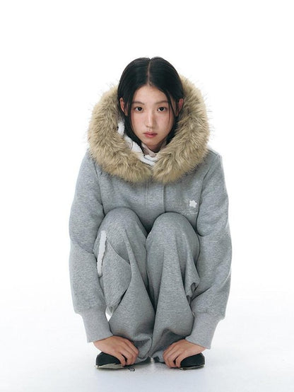 NAPSNAPS Faux Fur Collar Applique Embroidery Zip Front Women&