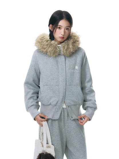 NAPSNAPS Faux Fur Collar Applique Embroidery Zip Front Women&