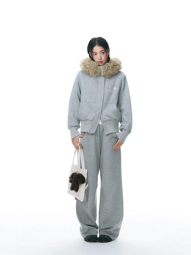 NAPSNAPS Faux Fur Collar Applique Embroidery Zip Front Women&