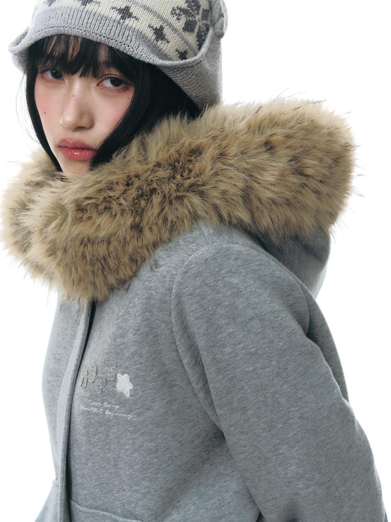 NAPSNAPS Faux Fur Collar Applique Embroidery Zip Front Women&