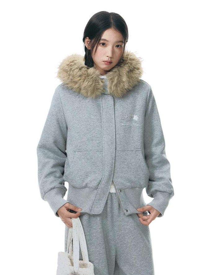 NAPSNAPS Faux Fur Collar Applique Embroidery Zip Front Women&