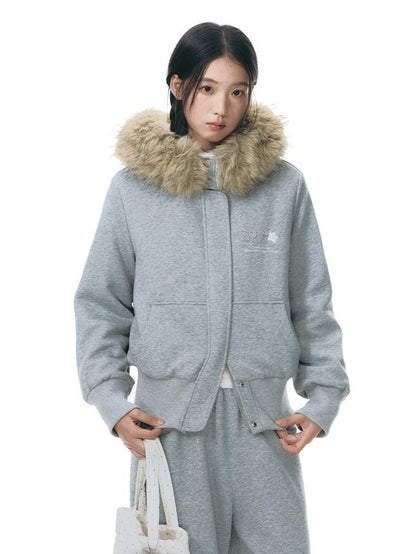 NAPSNAPS Faux Fur Collar Applique Embroidery Zip Front Women&